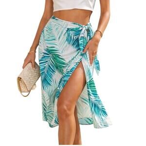 Tahari large faux wrap side tie linen tropical skirt SK 3278